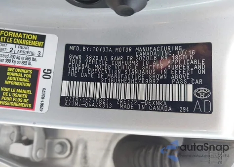 2017 Toyota Corolla Le from USA, damaged, VIN 2T1BURHE3HC769997